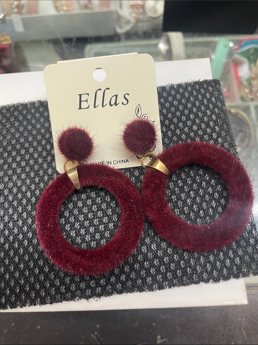 Ella Wine Red Fuzzy Hoop Drop Earrings
